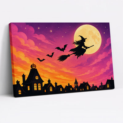 Witch Flying Over Village Under Full Moon And Halloween Canvas Wall Art