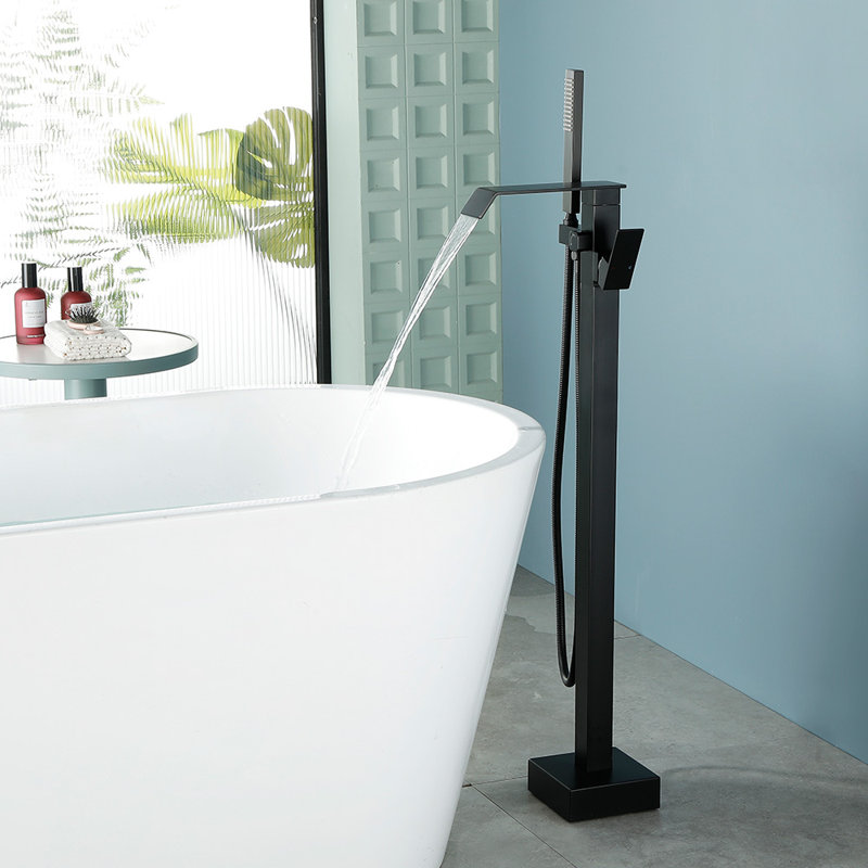 Robinet de baignoire autoportant Cascade de robinet de baignoire à poignée simple avec pomme de douche à main Robinet de baignoire en laiton à débit élevé 6 gallons par minute