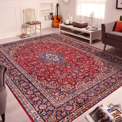 Tapis rouge vintage en laine noué à la main Kashan Rayne - 9 pi 3 po x 13 pi 8 po