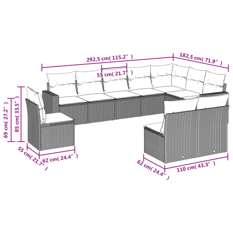Ensemble de canapé de patio 10 pièces avec coussins pour l'extérieur, Marine, Gris
