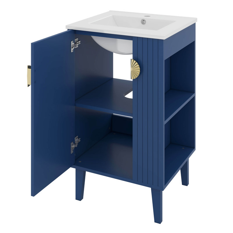 Ensemble de meuble-lavabo 20 po avec lavabo en céramique, tablettes latérales modernes ouvertes, Bleu
