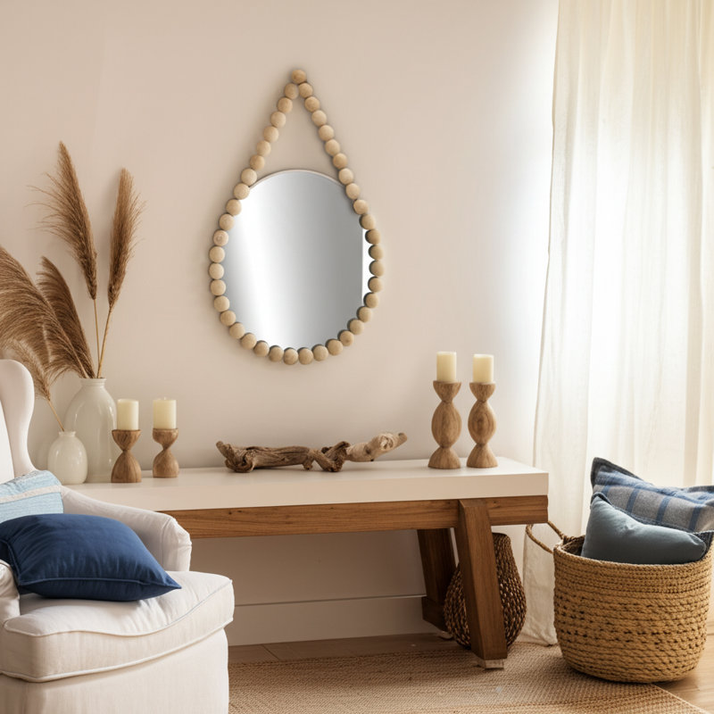 Beaded Wood & MDF Wall Mirror - 36" Coastal Design, White Frame for Home & Office