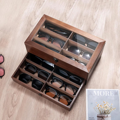 Organisateur de rangement de lunettes de soleil en bois, étui de rangement pour lunettes de soleil à 12 fentes pour paires multiples, présentoir de lunettes pour cadeau, collection de bijoux avec porte-montres pour hommes, femmes
