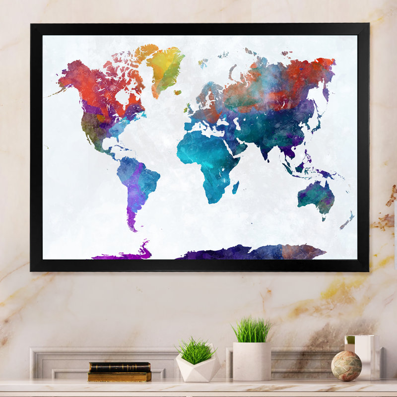 Carte du monde aquarelle multicolore - reproduction sur toile flottante, Cadre noir, H 8 po x l 12 po x P 1 po