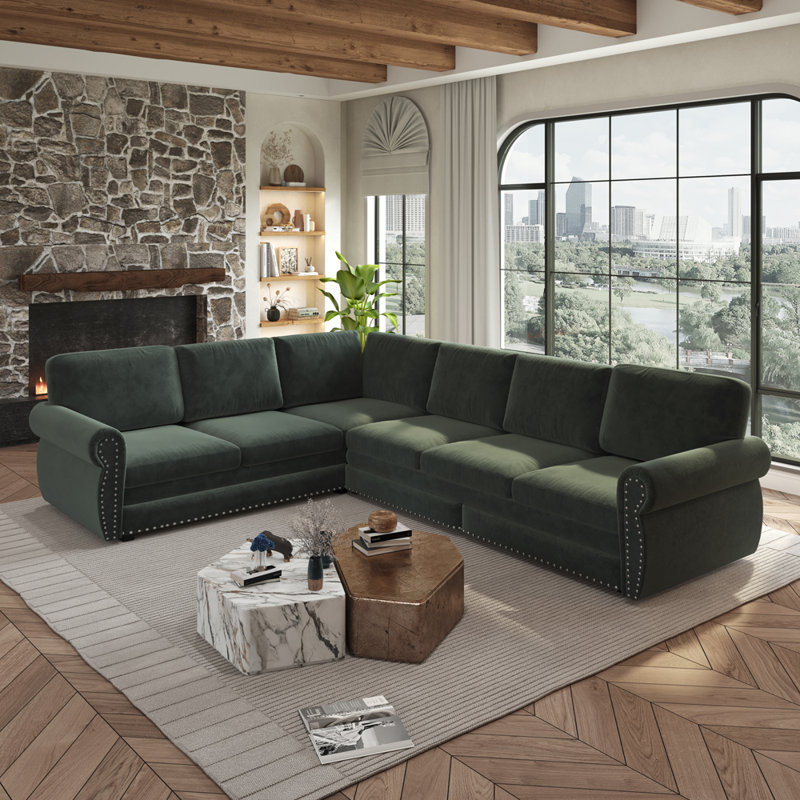 Upholstered L-Shaped Sectional Reversible, Dark Green Chenille