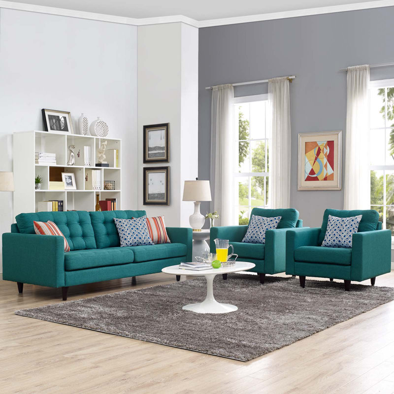 Empress Leather Sofa and Arm Chairs Set, Teal