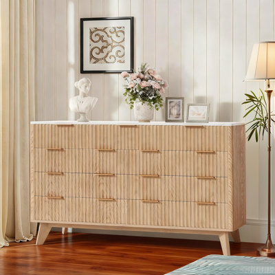 9 Drawers Dresser, 54"W Wooden Chest of Drawers with Fluted Wave Pattern, Metal Handles, Modern TV Stand Dresser with Curved Profile for Bedroom, Living Room, Entryway