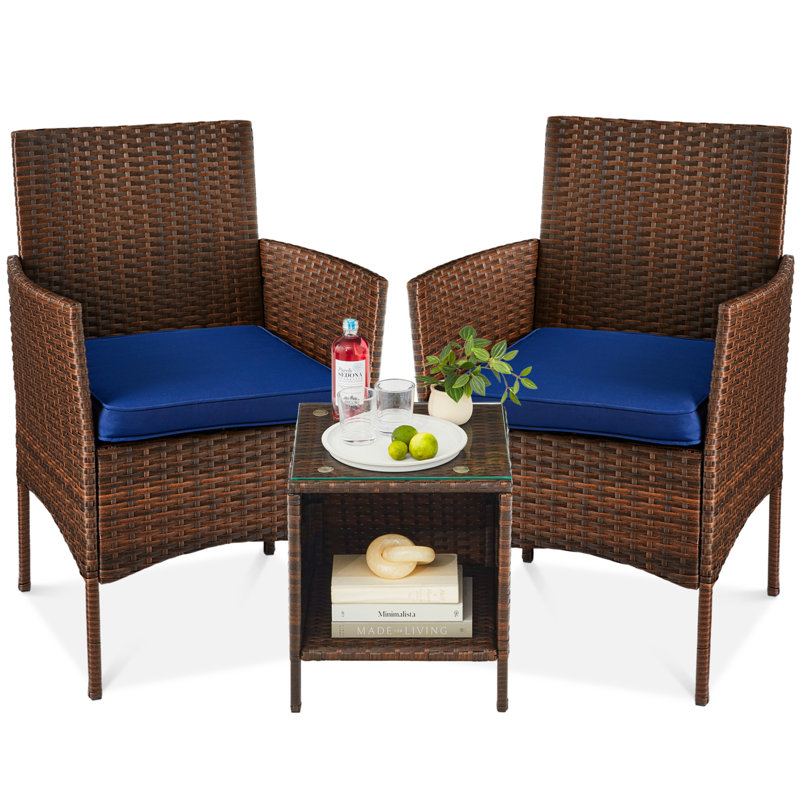 Brown and Navy 3-Piece Outdoor Wicker Patio Bistro Set