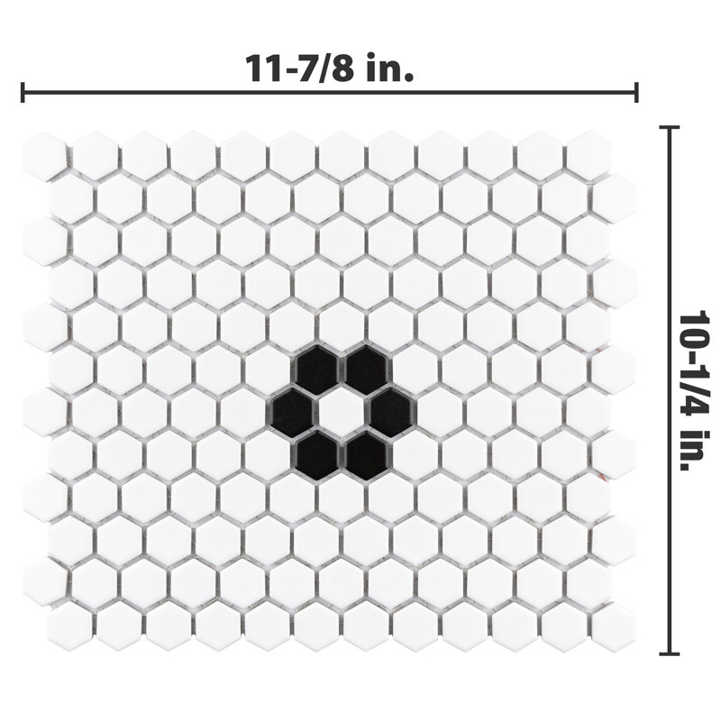 Metro 0.9" x 0.9" Hex Porcelain Honeycomb Mosaic Wall & Floor Tile, Matte White/Black