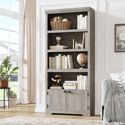 Farmhouse 5-Tier Bookcase with 2 Doors – Adjustable Anti-Slip Shelves, 69'' Tall Storage for Home Office, Living Room, Study – Hand-Grained Grey Carlo, Black Handle