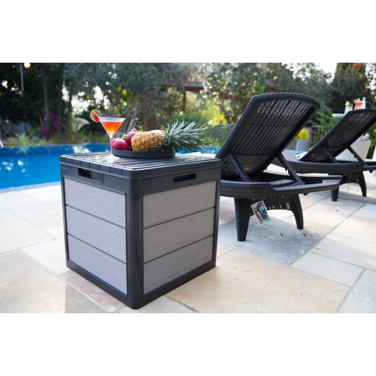 keter denali 30 gallon small durable resin outdoor storage and organization deck box for patio furniture and supplies, grey