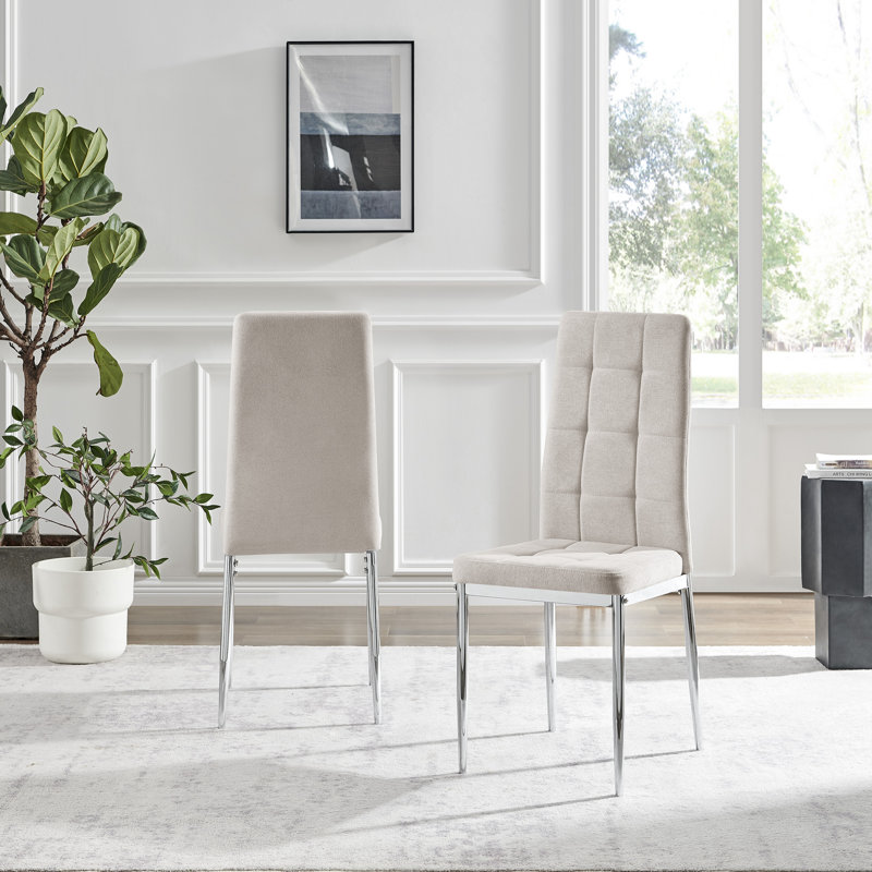 Pallo Button Tufting Luxury Fabric Dining Chairs - Modern Contemporary Design, Silver, Cream