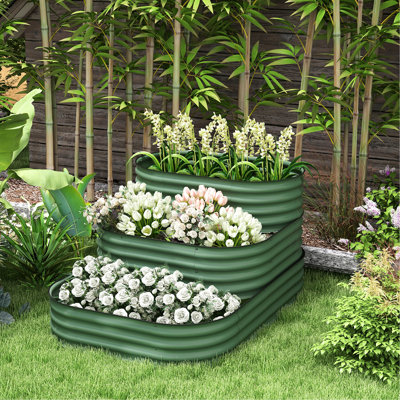 3 ensembles de platebande surélevée en acier galvanisé de 61,13 po x 43 po x 32,43 po, pouvant accueillir différentes tailles de plantes, ouverts pour améliorer le drainage, avec jardinière en caoutchouc, conception d'escalier pour une plantation améliorée, contrôle,