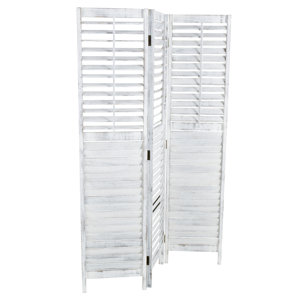 Cole And Grey Wood Distressed Shutter Top 3 Panel Room Divider Screen With Brown Accents