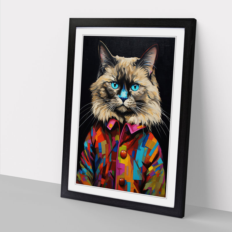 Ragdoll Cat Modern No.2 - Single Picture Frame Print on Wood, 64cm H x 46cm W x 2cm D, Black 