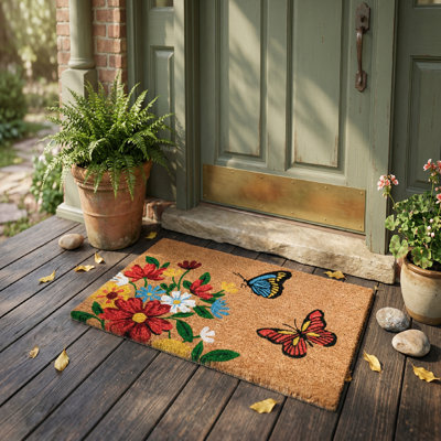 Coir Door Mat Flowers & Butterflies