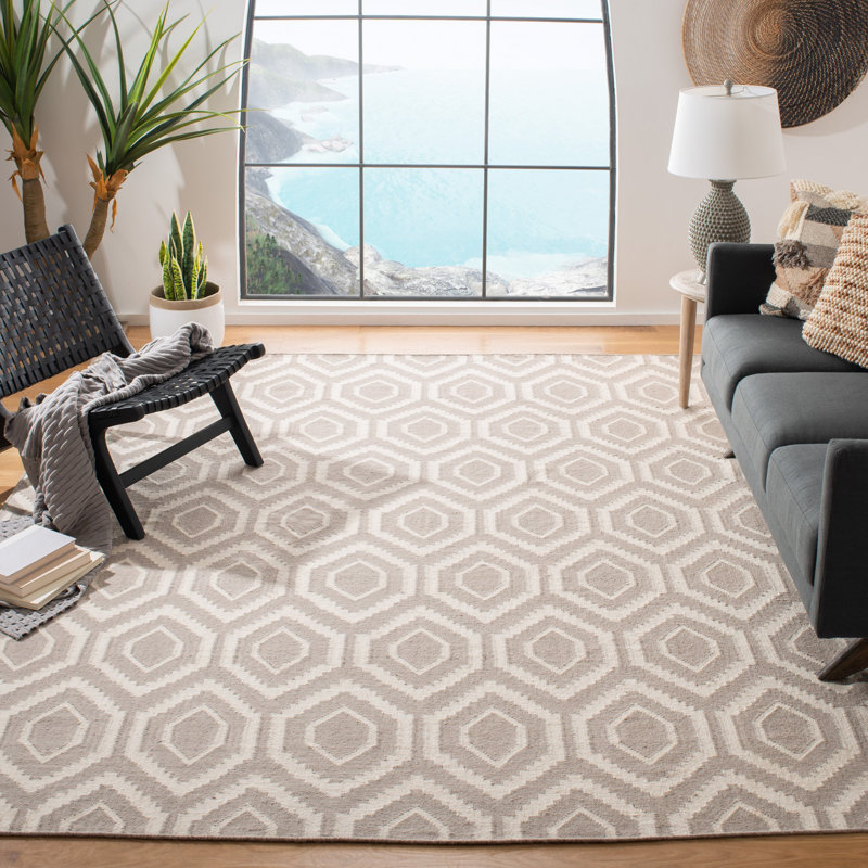 Tapis gris / ivoire en laine et coton tissé à plat à la main Fung, Rectangle 10 pi x 14 pi