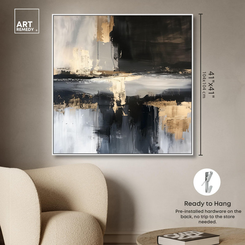 Art abstrait entre les lignes dorées sur toile par Art Remedy, Cadre blanc, H 41 po x l 41 po