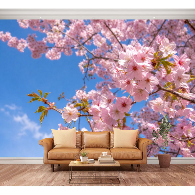Papier peint adhésif peler et coller belle fleur de cerisier beau ciel bleu cerisier auto-adhésif amovible papier contact mural pour le salon Chambre à coucher H 100 po x l 144 po