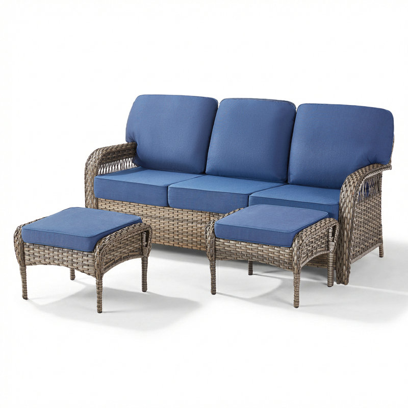Outdoor Wicker Courtyard T-Shape Cushion Sofa With Ottomans, Gray, Blue