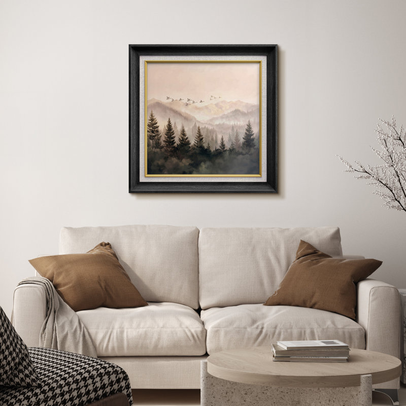 «Misty Mountain Forest with Oies in Flight», reproduction d'art sur papier encadrée, H 26 po x l 26 po x P 1,5 po