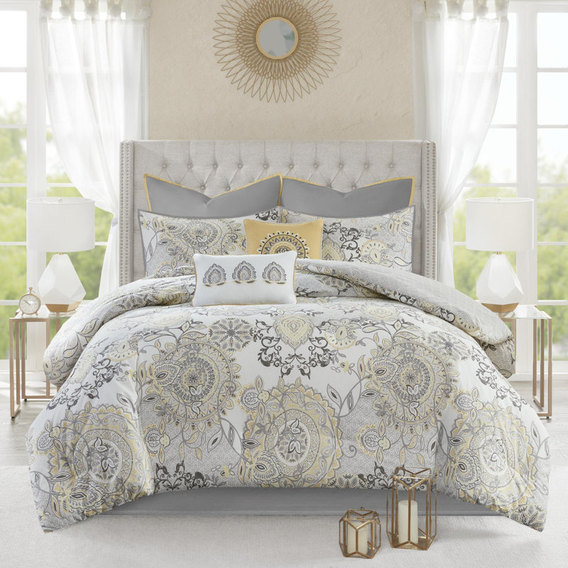 Cotton Printed Comforter 8 Piece Set, Purple;Taupe, Queen Comforter + 7 Additional Pieces