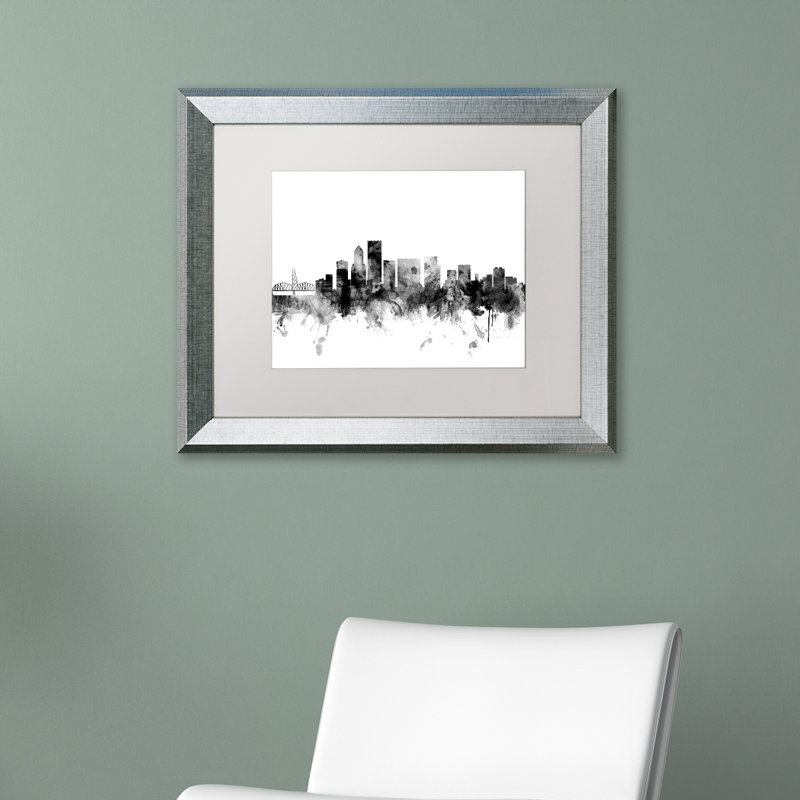 " Portland Oregon Skyline " by Michael Tompsett, 16" H x 20" W x 0.5" D, White, Brown Framed