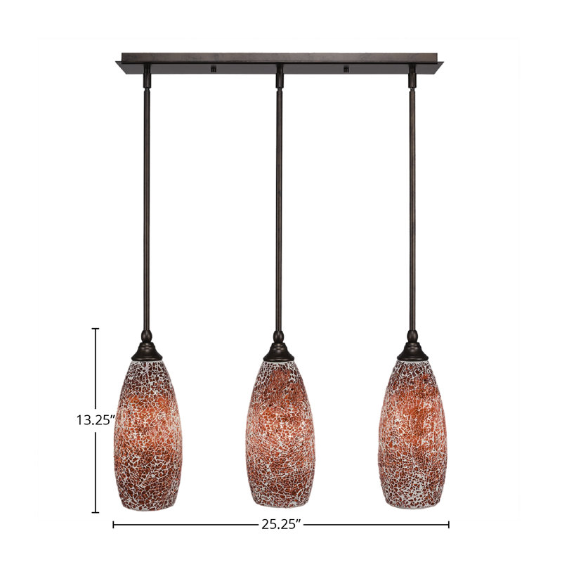 3 Light Stem Hung Linear Pendalier Shown With 5" Fusion Glass, 13.25" H x 25.25" W x 5.5" D, Red, Bronze