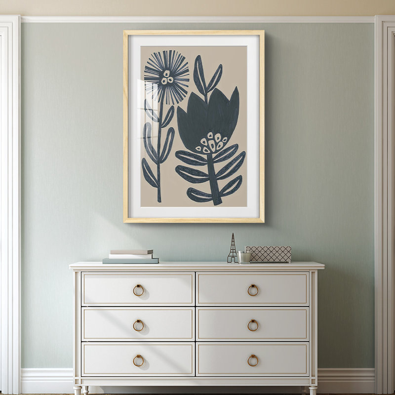 «Blockprint Folk Flowers I», impression encadrée, Naturel, H 25,5 po x l 17,5 po