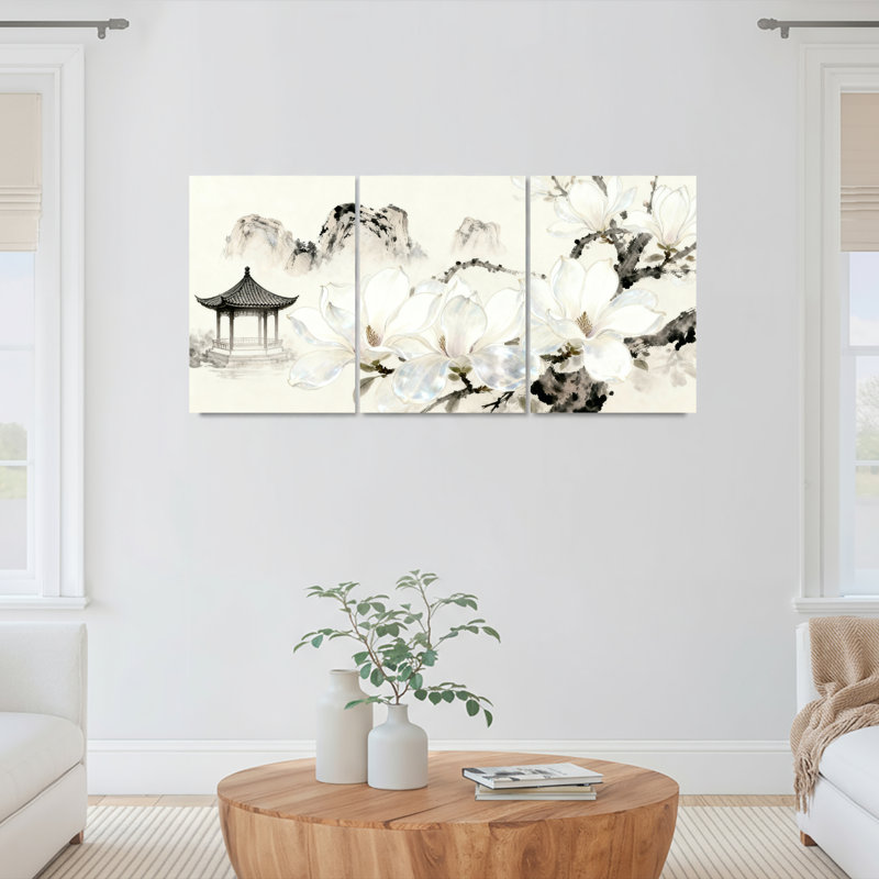 Ensemble de 3 tableaux sur toile représentant un pavillon de jardin chinois et des fleurs de magnolia blanc