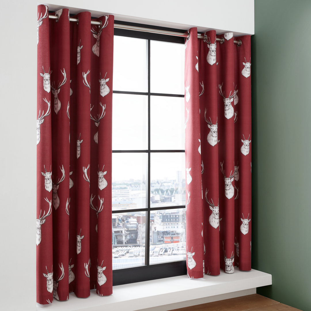 Catherine Lansfield Munro Stag Check 66x72 Inch Lined Eyelet Curtains Two Panels Red - Image 4