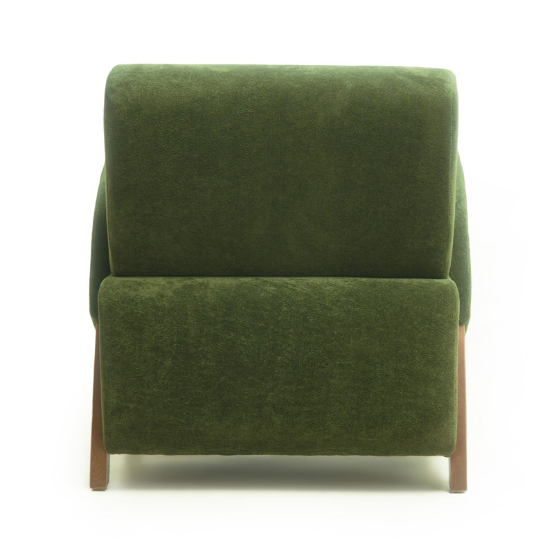 Fauteuil lounge en velours vert foncé, monobloc, design compact, mousse haute densité, pieds en bois massif, idéal pour le salon ou le bureau.