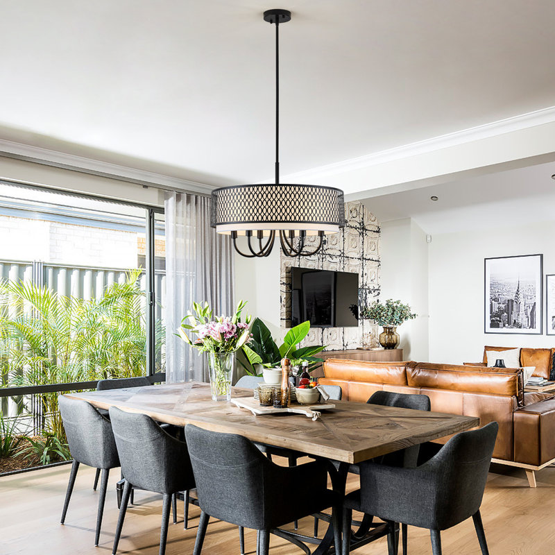 6 - Light 21.54“ Modern Metal Drum Chandelie With Geometric Cutout Shade For Kitchen Island/dining Room, Matte Black