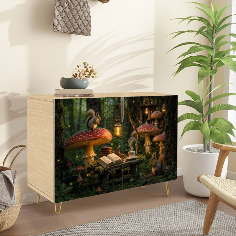 Buffet buffet avec rangement fantaisiste, scène de forêt, lanternes rouges avec 2 portes pour le salon et la cuisine