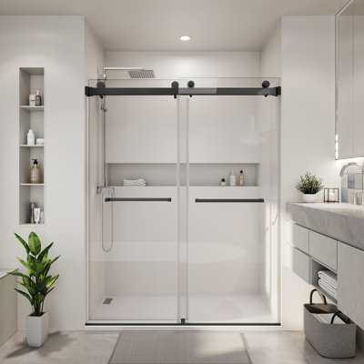 72 In. W X 72 In. H Frameless Double Sliding Shower Door With 3/8 In. Tempered Clear Glass In Matte Black