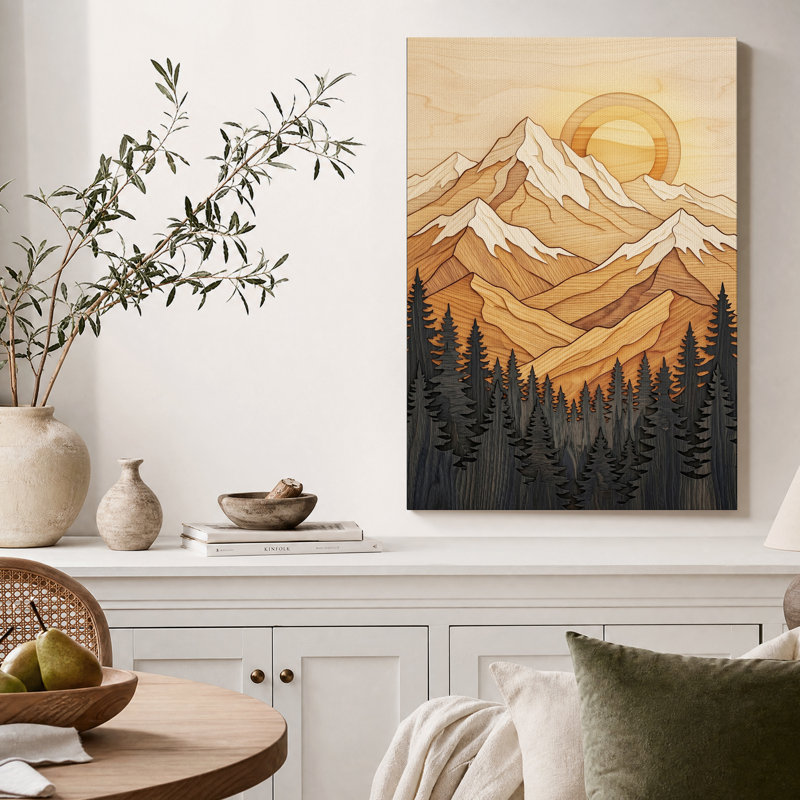 Tableau sur toile d'aspect bois représentant une chaîne de montagnes avec des pins, H 18 po x l 12 po