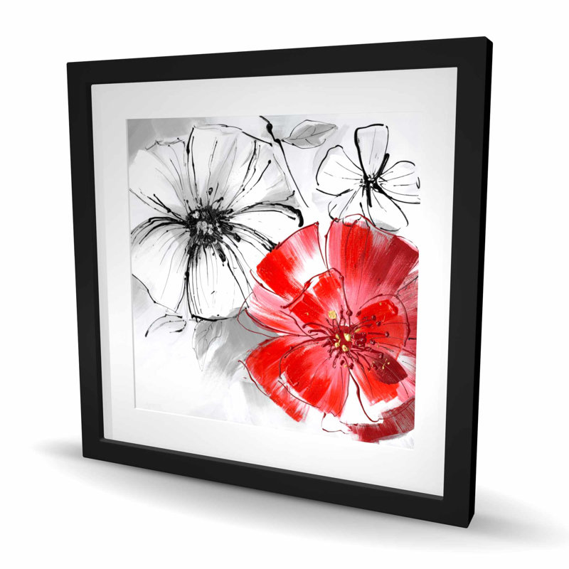 Croquis de fleurs rouges et blanches - reproduction encadrée grise contemporaine, 24" H x 24" W, Black
