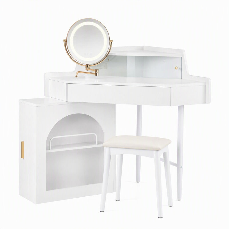 Coiffeuse de coin avec miroir DEL et tabouret - Table de maquillage gain de place avec rangement