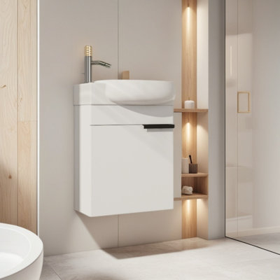 16 Inch Modern Wall Mounted Bathroom Vanity With Soft Close Doors & Ceramic Sink, Compact Floating Design For Small Bathrooms, Powder Rooms