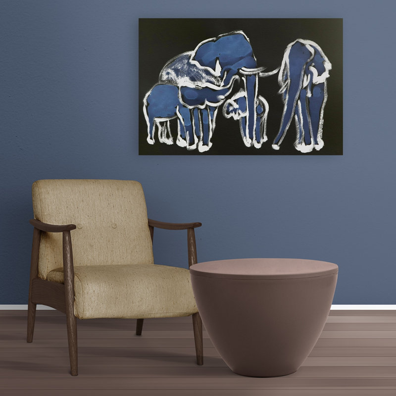 «Blue Elephant Family Abstract Minimalist Modern Elephant Nature Wildlife», reproduction d'art murale, 24" H x 36" W