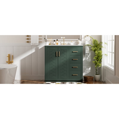 36 - Inch Bathroom Storage With Ceramic Sink, Solid Wood Frame, Ample For Toiletries, Soft Close Hardware, Retro Style Cabinet And Panels, Three Drawers Organization, Concealed Storage, Easy Assembly