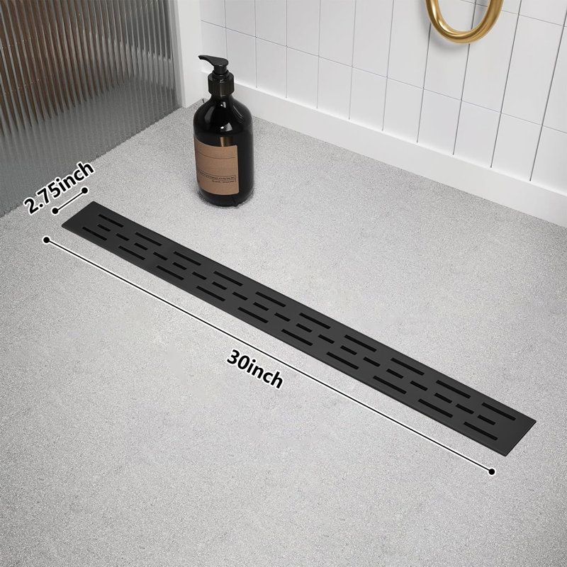 Matte Black Stainless Steel Rectangle Shower Floor Drain,30-Inch Linear Drain With Leveling Feet,Hair Strainer,Removable Bar Pattern Grate