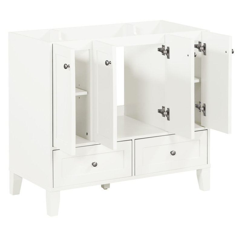 Meuble de salle de bain autoportant 36 po. 4 portes, 2 tiroirs. Fabrication de meuble-lavabo d'apparence moderne. Tiroirs, portes. Tablettes réglables. Style contemporain