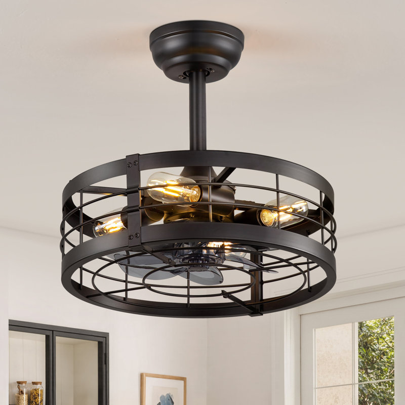 Cissline 16.5" Black Caged Flush Mount Ceiling Fan with Light Kit and Remote for Bedroom, Living Room, Kitchen, Black, 16.5"