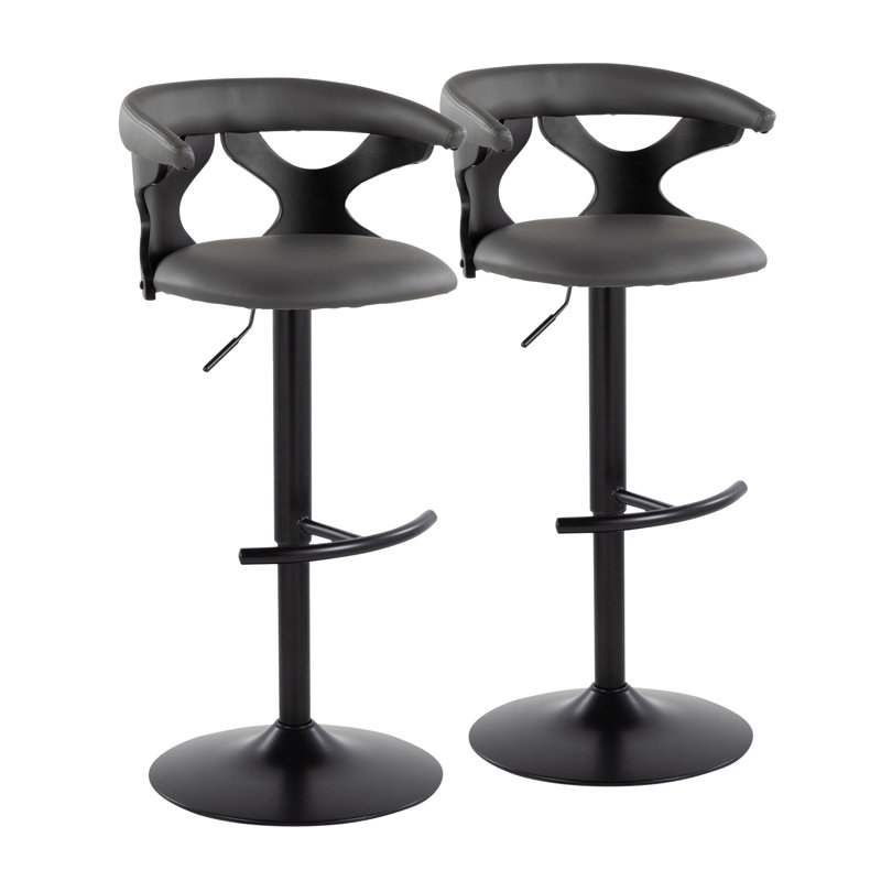 Tabouret de bar pivotant et réglable au design contemporain avec repose-pieds arrondi en forme de T - Paquet de 2, similicuir gris et métal noir