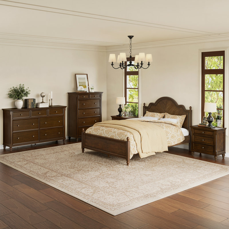 Ensemble de chambre à coucher Mid-Century, Noyer foncé, 5 Pcs: Bed, Chest, Dresser, 2 Nightstands, Grand lit