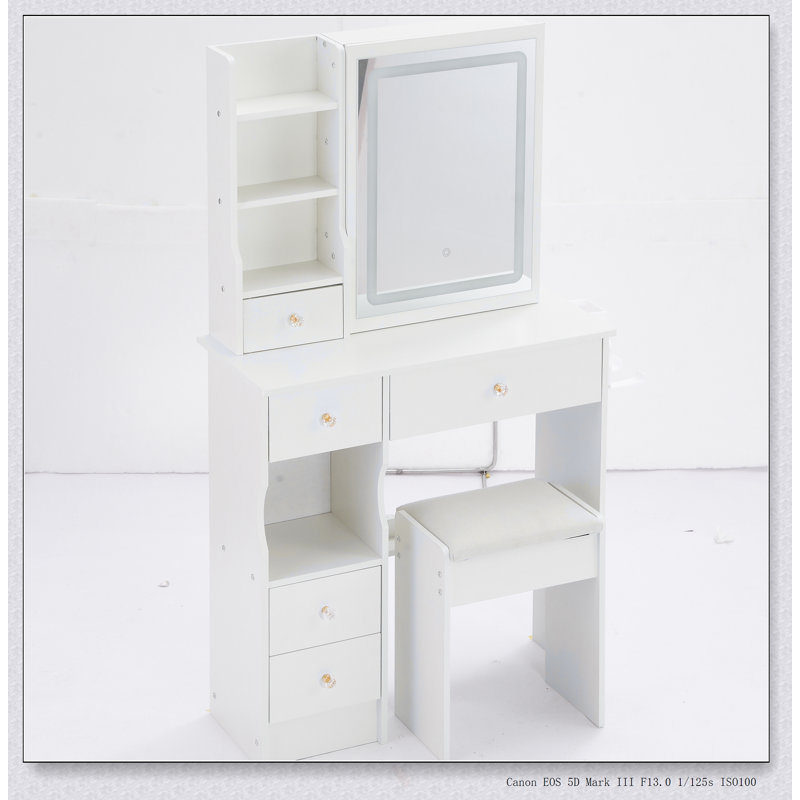 Compact Vanity Table With LED Mirror, Power Station, Hair Dryer Bracket, And Cushioned Stool For Small Bedrooms, White