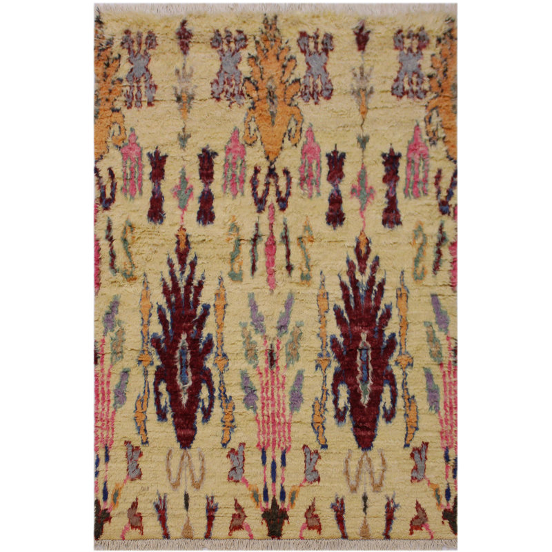 Tapis doré en laine noué à la main 4 pi 11 po x 7 pi 2 po Benkelman Ikat