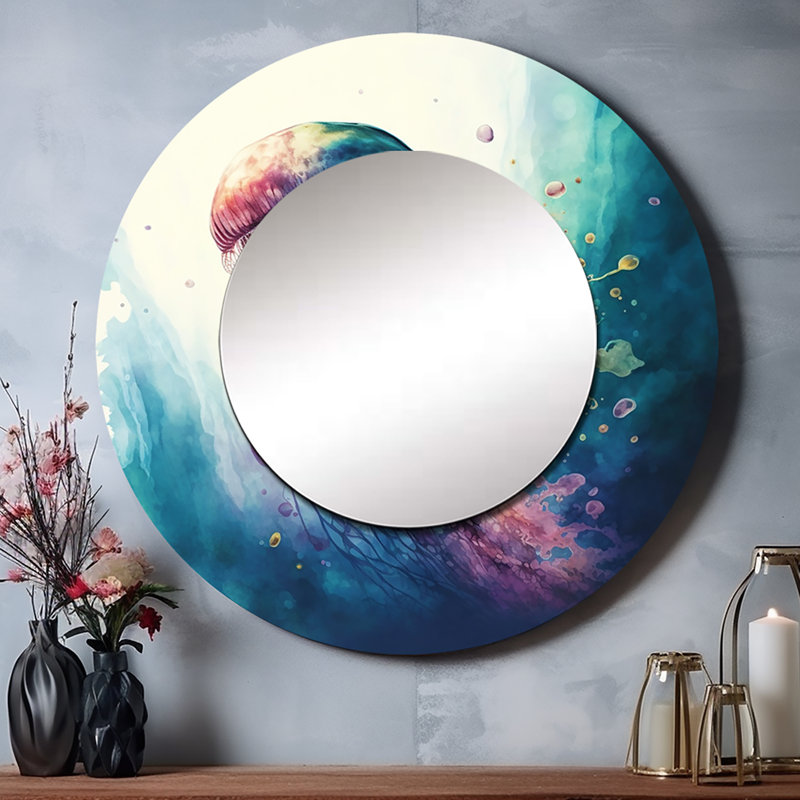 Colorful Deepsea Jellyfish V - miroir de poisson, miroir mural rond bleu, impression d'art en métal, 36 po x 36 po