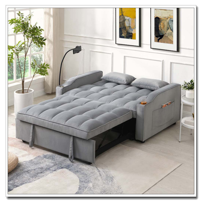 Canapé-lit en velours avec futon et causeuse, Gris clair